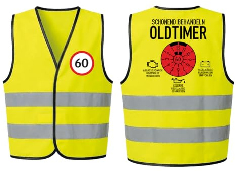 Geburtstag Warnweste mit Aufdruck – Spaßweste für 18 bis 99 Jahre – Party Weste mit Zahl & Spruch – Gästebuch Geburtstag Weste – Frischer Jahrgang Oldtimer Schonend behandeln – Gelb oder Schwarz