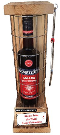 Geschenke Weihnachten für Sohn Ramazzotti Eiserne Reserve Gitter incl. Notsäge Text rot Bester Sohn der Welt Frohe Weihnachten Kräuterlikör (1 x 0.70 l)