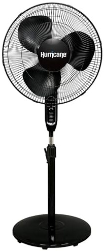 Hurricane Supreme Oscillating Pedestal Stand Fan with 3 Quiet Speeds, Black, 16 - Corded Electric Air Cooling Unit with Remote Control & Adjustable Height for Home, Apartment, Workshop or Office