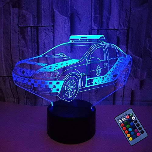 YTDZLTD 3D Police Car Night Light 16 Colors Changing USB Power Remote Control Touch Switch Decor Lamp Optical Illusion Lamp LED Table Desk Lamp