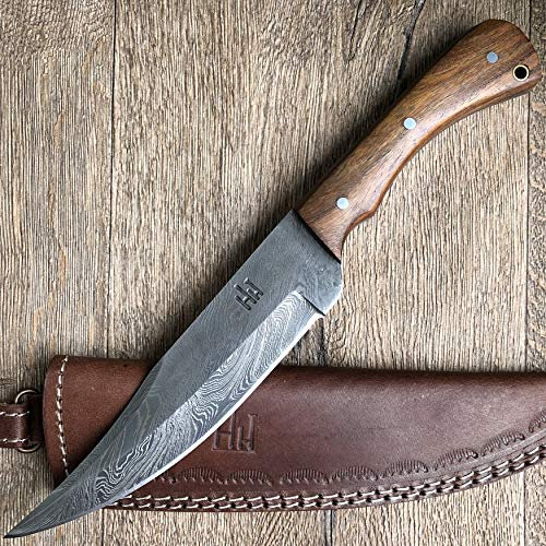 Hobby Hut HH-402 - Cuchillo Damasco de caza hecho a mano, 28 cm, con funda, mango de madera de nogal y hoja afilada en acero, de una sola pieza