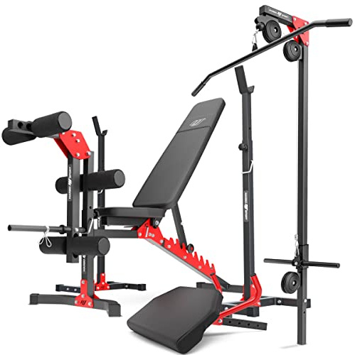 Marbo Sport Set MH25 – verstellbare Hantelbank, 2-teiliger Langehantelständer, Latzug, Curl-Bank, Beintrainer, Verschiedene Hantelstangen + Gewichtsscheiben/gummierte Gewichtsscheiben, 83/113 insg.kg