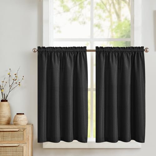 TOPICK Tende Passante tenda da bistrot Filtro della luce porta finestra balcone stile country roulotte corte rustiche soggiorno doccia tenda per interni 2 pezzi 90L x 90A cm, Nero