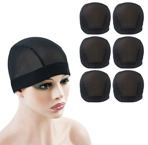 6 Stück Dome‑Cap‑Haarnetze mit feiner Maschenstruktur, Perückenkappen, dehnbar mit breitem Elastikband, zum Tragen unter Perücken (Schwarz M)