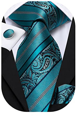 Hi-Tie Herren Seiden Türkis Krawatte Set Paisley Streifen Krawatte mit Einstecktuch Manschettenknöpfe Für Hochzeit