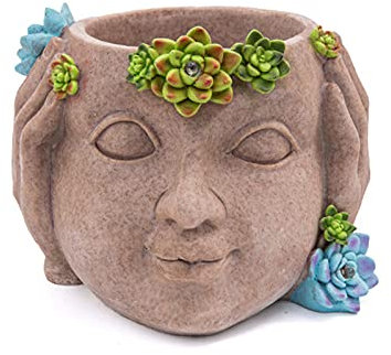 AJEYPMZ Intelligenter lichtempfindlicher Solar-Blumentopf aus Kunstharz im Freien, wasserdichte und sonnenbeständige grüne saftige Vasendekoration, Retro-Charakter-Kopfgarten-Ornamente,style1,Size