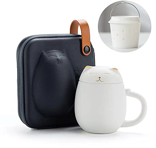 Entonic Cat Mugs with Infuser and Lid, Cute Tea Cups Kawaii Mug in Ceramic for Steeping Loose Leaf, Handmade Porcelain Teacup Teapot for Home Office, Portable Shatterproof Case 350ML (White)