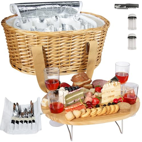 Hap Tim Wicker Picnic Basket Set for 4 with Mini Folding Wine Picnic Table & Large Insulated Cooler Bag & Cutlery Service Kits for 4 Person, Couples Gifts, Wedding Gifts (Y2209-4-CM)