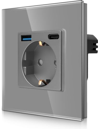 CNBINGO Einzelsteckdose Unterputz, 1x USB-A/C Schnellladen, Glas Grau | Schuko Steckdose mit 20W Schnellladen USB-Anschluss, 1-Fach Wandsteckdose Kindersicherung, Horizontal/ Vertikal, Glasrahmen