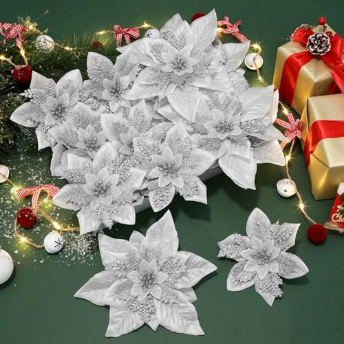 Alupssuc 24 Stück Künstliche Weihnachtsblumen Dekorationen Weihnachtsstern Glitzer Hochzeit Weihnachtsbaum Neujahr Ornamente mit Clip und Stab,Silber