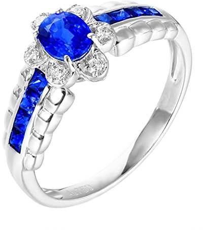 Epinki Freundschaftsringe 18 Karat Weißgold Frauen, Echtgold Schmuck Labor Erstellt Saphir 1.05ct Oval Hochzeitsring Blau Blumen Freundschaftsringe Weißgold 750 mit Moissanit, Gr.52 (16.6)