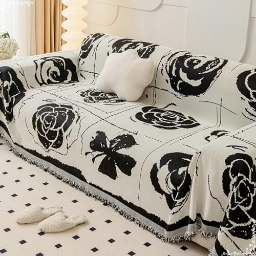 Ayoiow Sofa Überzug Hell Sofahusse Schwarz Sofabezug 4 Sitzer Chenille Blumen