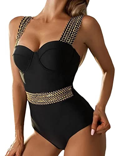 Generico Costume Intero Donna Schiena Nuda Mare Contenitivi Costume da Bagno Push-up a Forma di Donna Costume da Bagno Sexy con Cinturino in Paillettes Dorate Costumi Interi Push Up Bagno (Black, M)