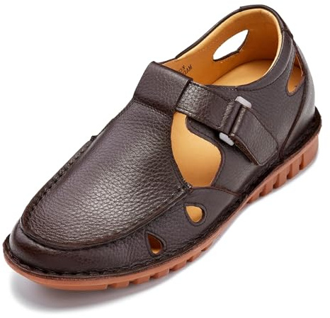 CALTO Men's Invisible Height Increasing Elevator Shoes - Coffee Brown Premium Leather Lightweight Casual Fisherman Sandals - 2.8 Inches Taller - K0752 - Size 8 D(M) US