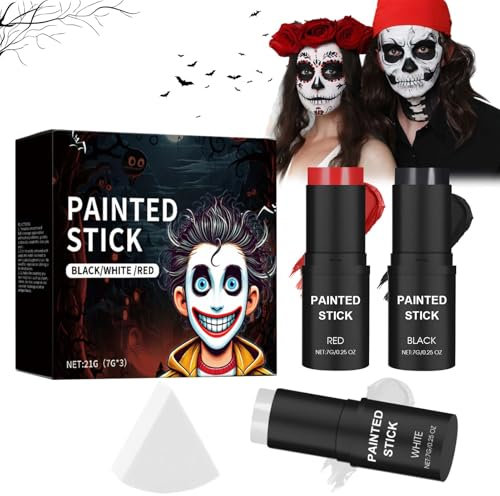 Halloween Schminke Weiß Schwarz Rot, Halloween Make Up Set mit Schwämme, Einfach zu Bauen Halloweenschminke, Geeignet für Körper und Gesicht (Schwarz+weiß+Rot)