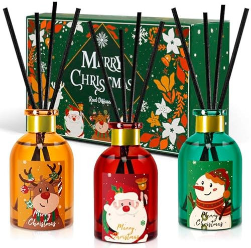 Scent Hi Diffusore Profumo Ambiente Natale, 3 Diffusore Profumato con 18 Bastoncini per la Casa per la Decorazione della Mensola - Legno di Cedro, Limone, Cannella di Mele