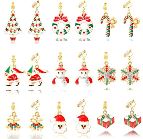 Ohrclips Weihnachten Damen Mädchen - Schneeflocke Tannenbaum Weihnachtsmann Ohrringe Set - Gold Hängend Ohne Ohrlöcher
