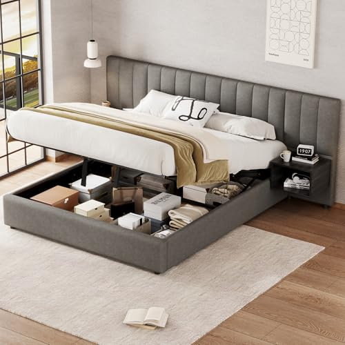 Aoskem Polsterbett Bett 160x200 cm Doppelbett mit Stauraum, Extrabreiter Kopfteil mit 2 Nachttischen, Stauraumbett Bettgestell mit Lattenrost, Jugendbett Rückenlehne Bett, Ohne Matratze, Leinen Grau