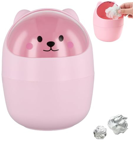 Schreibtisch Mülleimer Niedlich, 16,5x12cm Mini Schreibtisch Mülleimer mit Deckel, Netter Flip Stil Mülleimer, Rosa Mini Teddybär Mülleimer, Desktop Mini Mülleimer, Geeignet für Büros, Räume