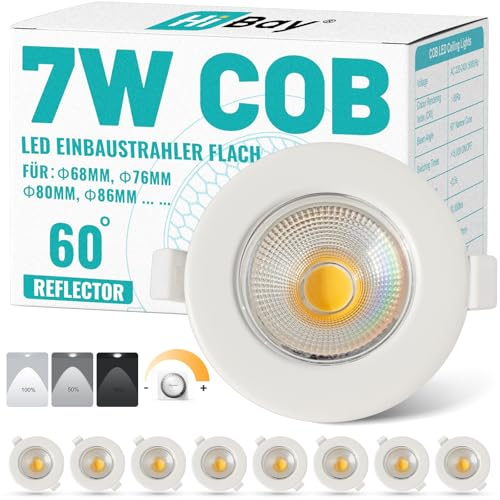 HiBay 8er LED Einbaustrahler 230V 7W COB LED Spot Dimmbar Rund Weiß Deckenspots 65-85mm Lochmaß Warmweiß 3000K 600LM für Schlafzimmer Wohnzimmer Büro | LED Spot 3000K 60° Abstrahlwinkel Deckenspots 600LM Rund für Schlafzimmer Wohnzimmer Büro