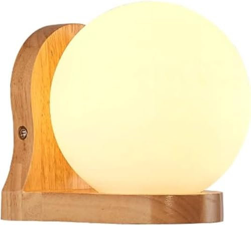 HTERWQEA Japanese-Style Wooden Wall Lamp Spherical Glass Lampshade E26/E27 Base Light Source Single Wall Sconce Bedroom Bedside Porch Aisle Wall-Mounted Lighting Fixture