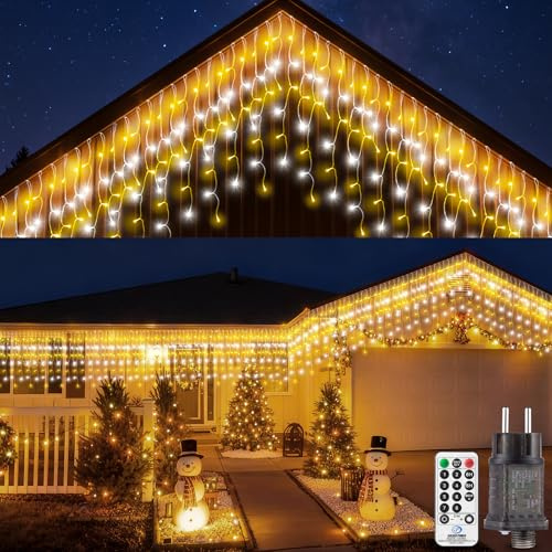 UIONVO Luces Navidad Exterior Cortina Calidas - 10M Luz de Navideña Cascada Exteriores Luces Impermeable Guirnalda iluminación Interior para Decoracion de Balcon terraza Jardin