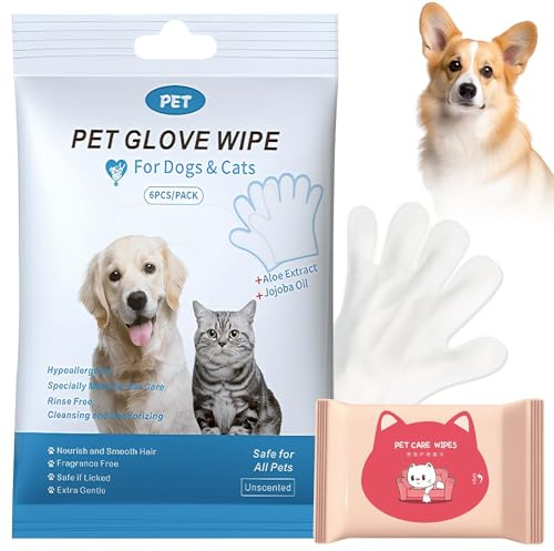 Ourdort 6er-Pack Feuchte Reinigungshandschuhe für Hunde & Katzen mit 10 Feuchttüchern Duftfreie & Hypoallergene Hygienische Waschhandschuhe Saubere Pflege von After, Pfoten, Augen & Ohren