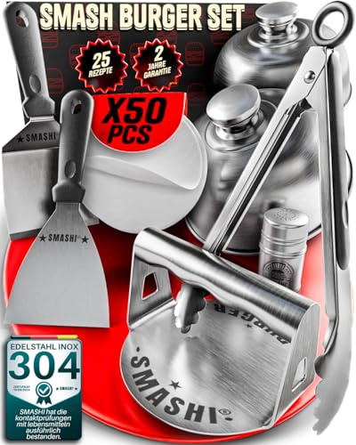 SMASHI® Kit Smash Burger Acero Inoxidable 304 – Smasher, 2 Espátulas Smash, 2 Tapas Smash, Prensa Hamburguesas, especiero y Pinzas | Set Profesional para Cocina, BBQ y Restaurante