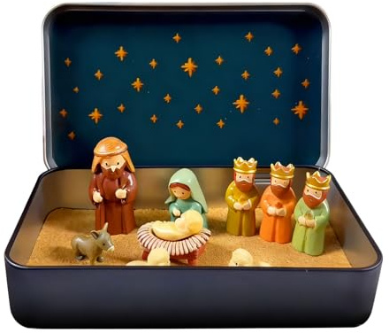 Mini Christmas Nativity Set in a Tin Box, Jesus Nativity Scene Ornaments, Miniature Nativitys Sets Indoor Figures, Handcrafted Nacimiento de Jesus para Navidad, for Christmas Decorations