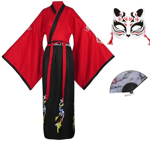 CRFASIBE Conjunto Hanfu para mujer, vestido tradicional chino bordado con abanico plegable y máscara decorativa, ideal para Año Nuevo chino, Carnevale, Fotos(Style A)