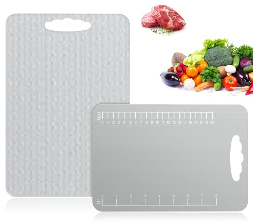 Alyvisun Tagliere in Acciaio Inox (34×23cm + 25×15cm) | Rivestimento in Titanio, Doppia Faccia con Superficie Testurizzata Effetto Riso e Liscia, Facile da Pulire