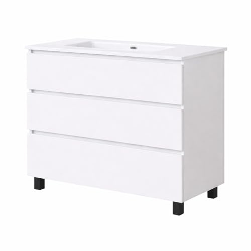 Baikal Mueble de Baño REN. 100cm Blanco. Incluye Lavabo. Entrega Montado. Mueble con Patas. 3 Cajones con Cierre Amortiguado.