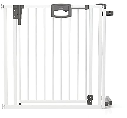 Geuther Treppenschutzgitter Easylock Plus | Türschutzgitter ohne Bohren inkl Klemmen | Breite 84,5-92,5 cm | Türgitter Baby Holz-Metall | Kinderschutzgitter beidseitig öffnend | Kindersicherung | Weiß