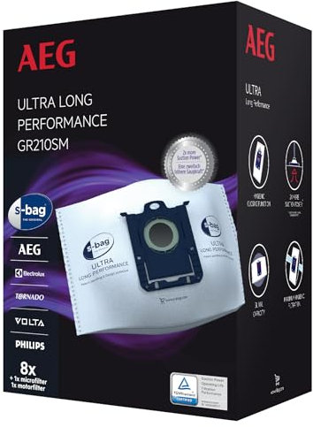 AEG GR210S s-bag - Sacchetti per aspirapolvere Ultra Long Performance (3 sacchetti XXL sintetici per una potenza di aspirazione elevata, filtrazione ottimale, chiusura igienica, volume 5 litri,