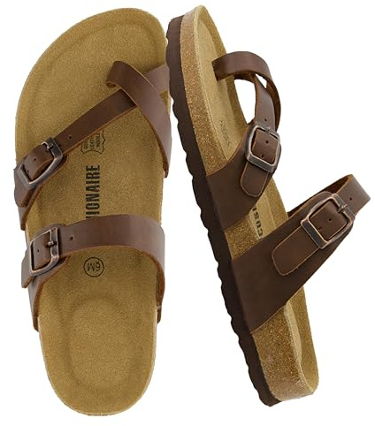 CUSHIONAIRE Luna Sandals for Women, Cork Footbed Womens Sandals for Summer Comfort with Adjustable Straps, Wide Width Available, BROWN 8.5