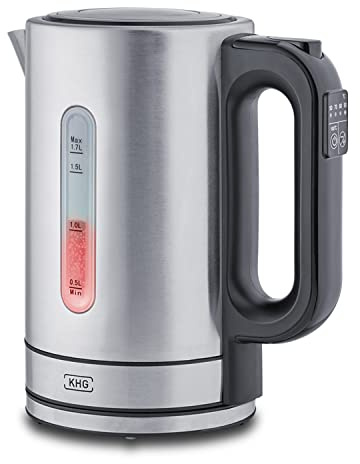 KHG Wasserkocher WK-1703 ES Edelstahl, 1,7 Liter, 5 Temperaturstufen 50-100°C, Kalkfilter, Wasserstandsanzeige, Trockengehschutz & Abschaltautomatik, verdecktes Heizelement, BPA-frei, 2200 Watt