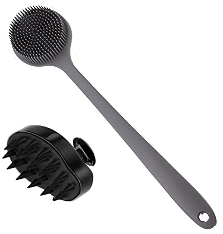 Cinlitek Silicone Body Scrubber & Scalp Massager, Long Handle Back Scrubber for Shower, Exfoliating Brush, Hair Dandruff Shampoo Brush for Men, Women & Kids