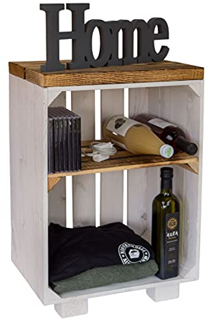 Kistenkolli Altes Land Nachttisch Abstelltisch weiß/Natur/geflammt Maße ca 30x40x55cm Regalkiste Flaschenablage Weinregal Apfelkiste/Weinkiste (Weiss Brett und Planke geflammt)