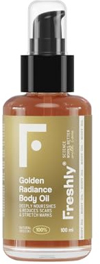 Freshly - Aceite Corporal Natural Golden Radiance Body Oil - Hidratante y Reafirmante - Con 12 Aceites Vegetales - Ideal para Estrías y Cicatrices - Apto Embarazo - 100 ml