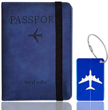 Toctax Reisepasshülle, Passhülle mit RFID-Blocker, Schutzhülle Tasche für Kreditkarten, Reisepass Geschenk Passinhaberdeckel Karteninhaber, Ausweis und Reisedokumente mit Kofferanhänger（Dunkelblau）