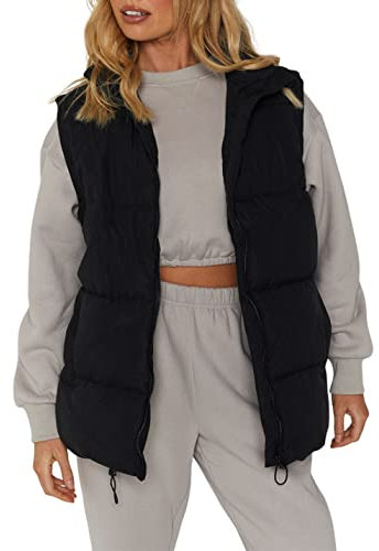Athlisan Womens Zip Up Puffer Vest Stand Collar Sleeveless Padded Jacket Coat(Black-XXL)