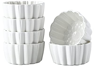 Ceramic Ramekins 6 oz - Creme Brulee,Souffle Porcelain Ramekins oven-safe,Pudding Custard Cups for Baking,Dishwasher and microwave safe,cute-shaped,6 piece set,white