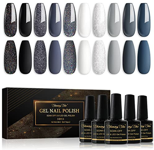 Shining She UV Nagellack Schwarz,10 Farben Gel Nagellack Glitzer Schwarz Weiß Grau,Gellack Set Soak-Off UV Gel Nail Polish Maniküre Set für Frauen Nail Salon DIY, 8ML
