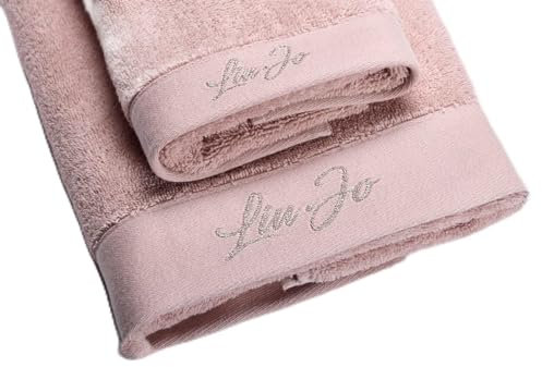 Russo Tessuti Set Bagno Teli Spugna 100% Cotone 1+1 Viso Ospite Liu Jo LiuJo Lurex Logo Ricamo-Rosa