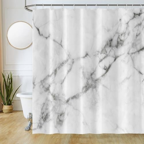 Uiiooazy Duschvorhang Grau, Duschvorhang 180x220cm Anti Schimmel Marmor Optik Weiß Marmoriert Modern Duschvorhänge Stoff Waschbar Wasserdicht Polyester Bad Vorhang mit 12 Haken für Badezimmer