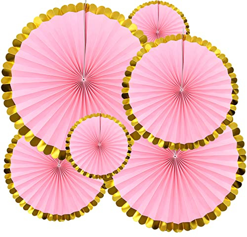 Yosawo 6 Stück hängende Papierfächer Papier Fächer Dekoration für Geburtstag Hochzeit Baby Dusche Parteien Home Decorations（Rosa Goldspitze）