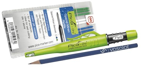 Vasalat Pica Dry - Juego de rotuladores para agujeros profundos (8 minas de repuesto permanentes, resistentes al agua en azul/blanco/verde)