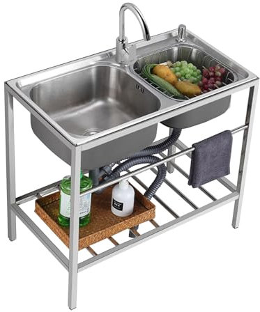 Locuetyn Stainless Steel 2-Compartment Restaurant Kitchen Sink, Freestanding 304 Stainless Steel Double Bowl Utility Sink w/Cold Hot Water Faucet, 80x43x75 cm