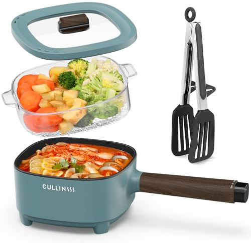 CULLINSSS 2L Electric Pot with Steamer, Portable Hot Pot Electric with Upgrade Titanium Nonstick Coating for Dorm, Office, Travel, Multi Cooker Pot for Ramen, Soup, Oatmeal (Tongs Included)