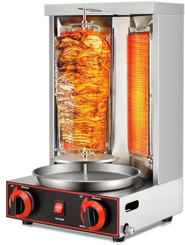 COYEUX Electric Rotating Vertical Rotisserie Grill, 360° Rotating Doner Kebab Grill Machine, with 2 Burners, Gas Fuel Rotisserie Equipment, for Restaurant Home Kitchen Use